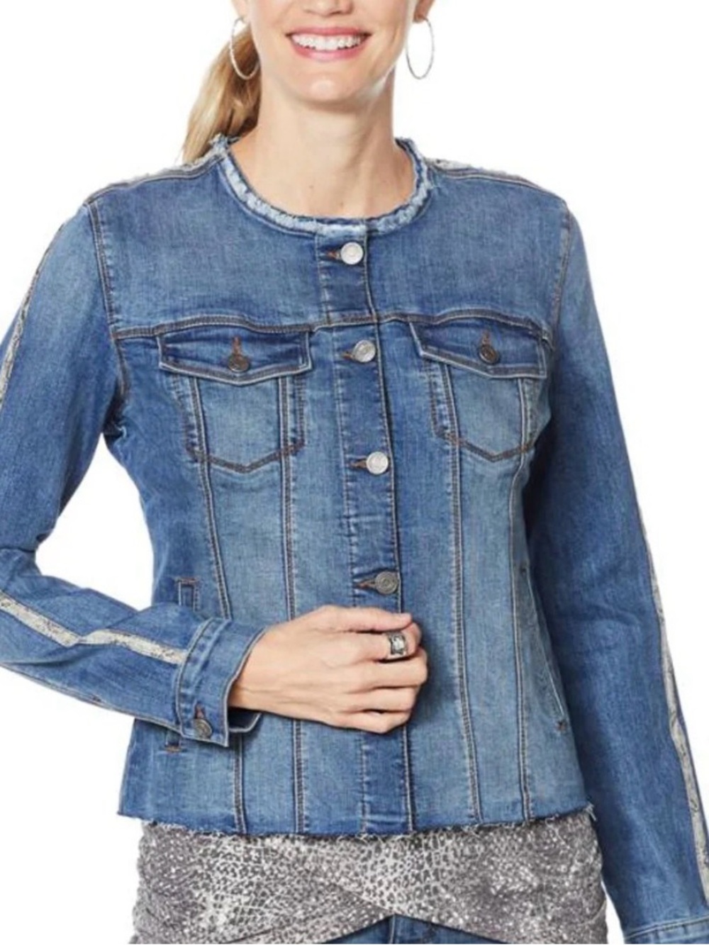 NWT Skinnygirl collarless frayed denim jacket sz L - Picture 2 of 8